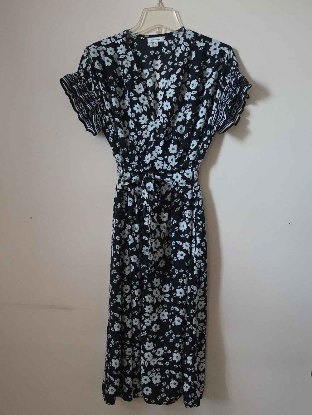 Max Studio Black Midi Wrap Dress with Pale Blue Floral Print